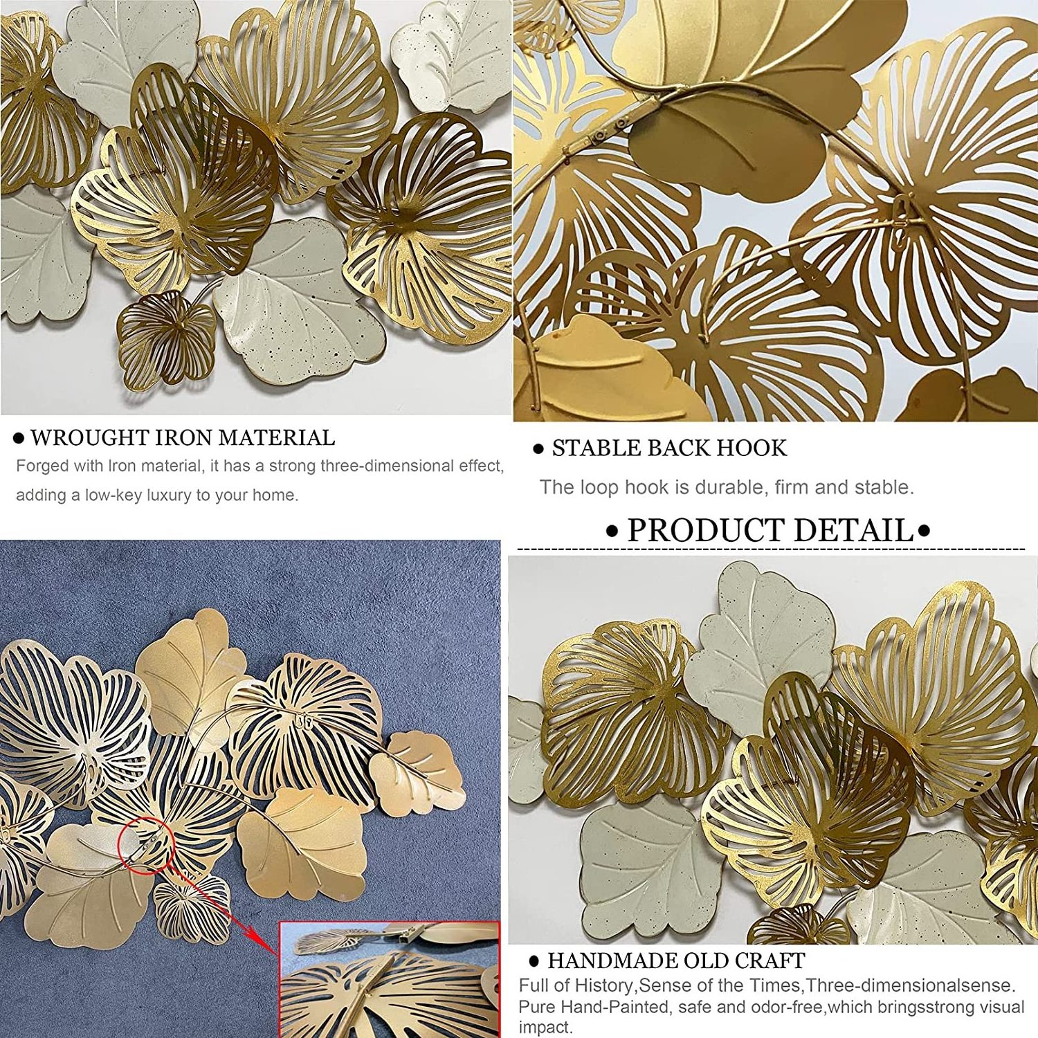 3D Metal Wall Decor Art Leaves, Modern Gold Home Decor Wall Sculptures 