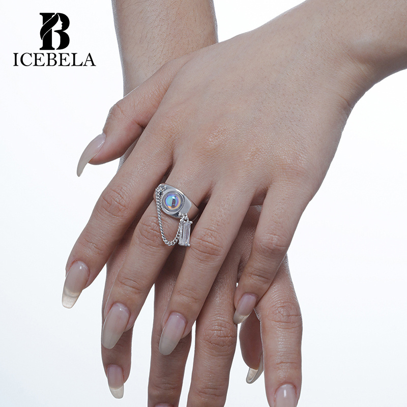 ICEBELA Personality Fine Jewelry 925 sterling silver Gradual moonlight stone index finger ring chain diamond rings for women