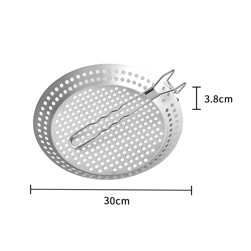 Round Stainless Steel BBQ Grill Pan Frying Pan Outdoor Camping Portable Foldable Handle Vegetable Grill