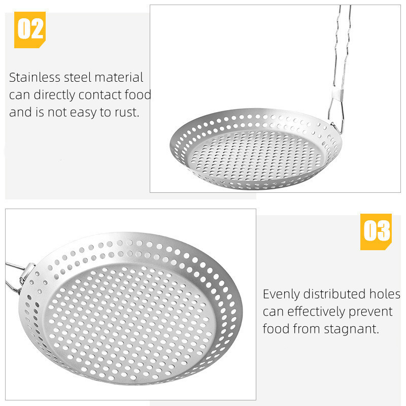 Round Stainless Steel BBQ Grill Pan Frying Pan Outdoor Camping Portable Foldable Handle Vegetable Grill