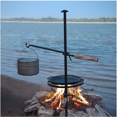 Outdoor Camping Hiking Picnic Multifunction Burn Fire Pit BBQ Grill with Adjustable Swivel BBQ Steel Grate Campfire Grill Grate