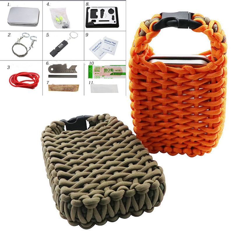 Outdoor Survival Kit Set Tool 7-core Paracord Fire Starter Flint Fishing Hook Whistle Box Camping Training Tool Emergency Set