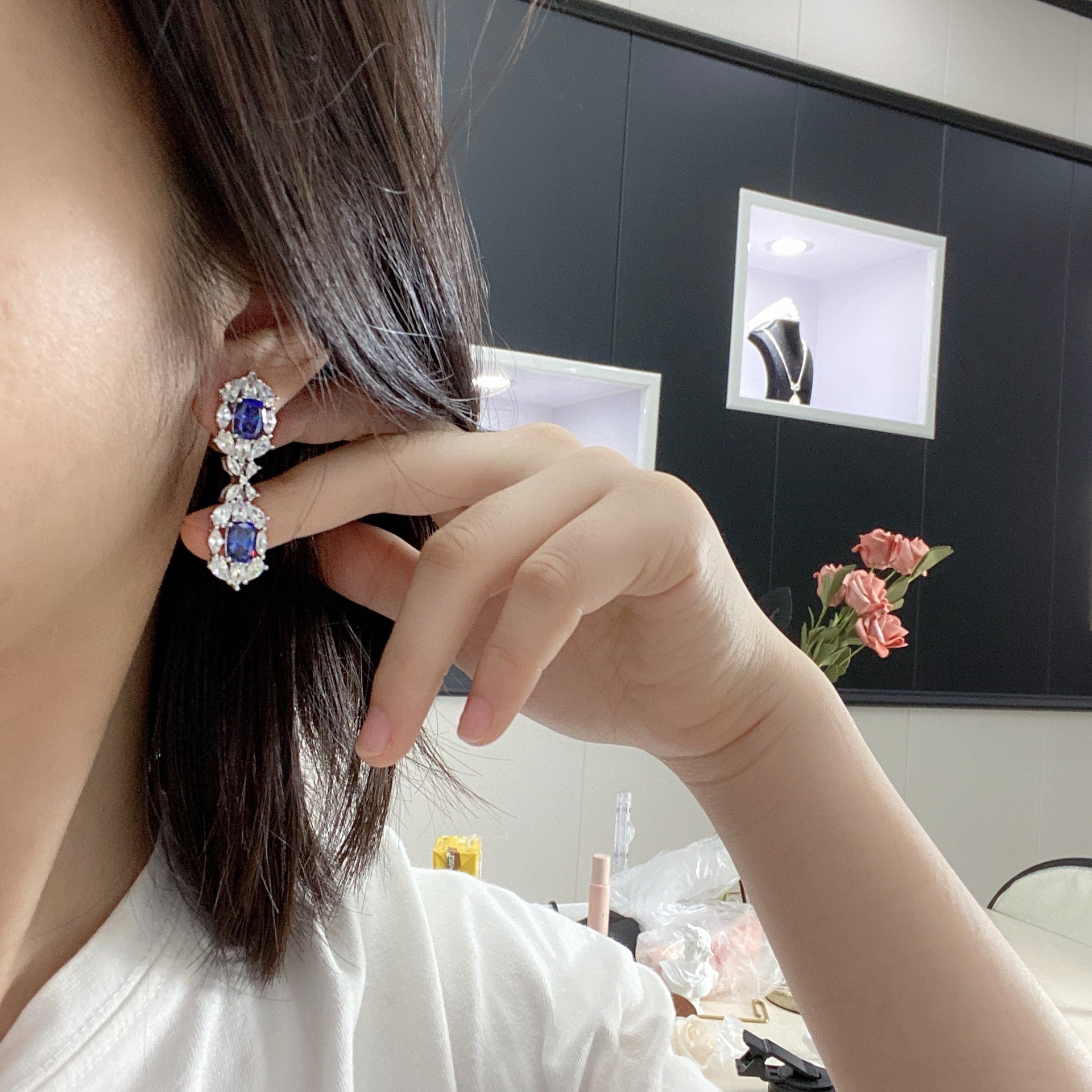 Fashion Jewelry 925 Silver Scientific Sapphire Earring Wedding Jewelry  Cushion Cut Tanzanite Chandelier Earring For Women