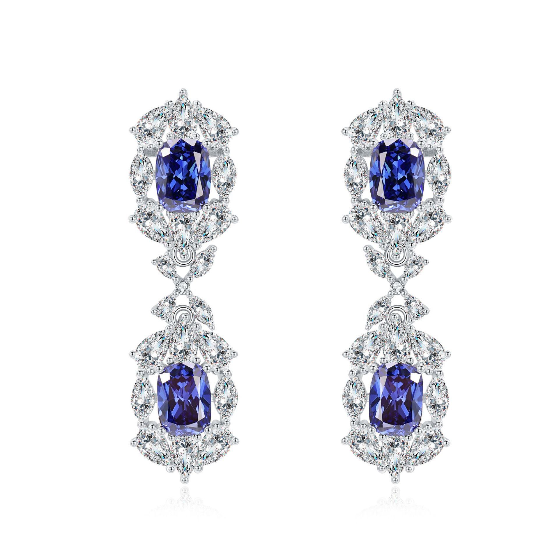 Fashion Jewelry 925 Silver Scientific Sapphire Earring Wedding Jewelry  Cushion Cut Tanzanite Chandelier Earring For Women