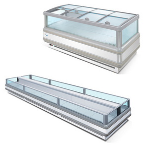 supermarket island display freezer, top open showcase deep freezer with sliding curved glass door chest freezer