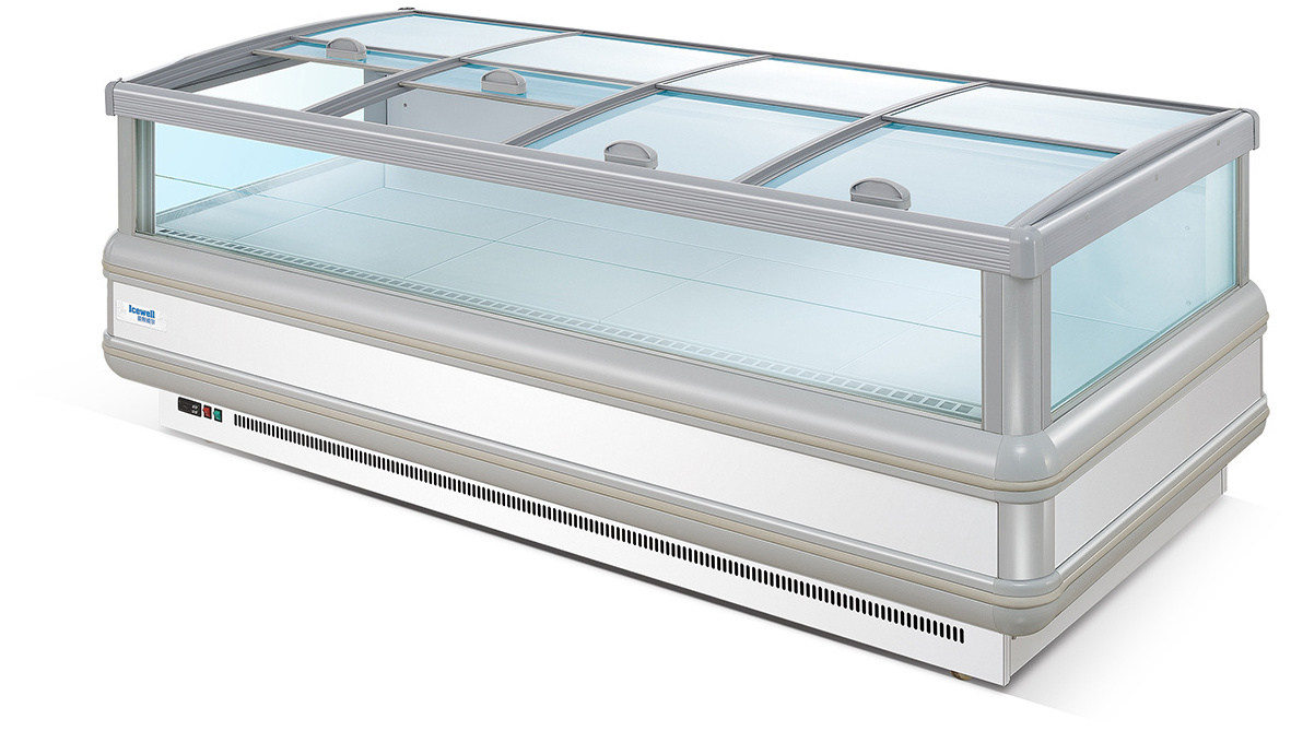 supermarket island display freezer, top open showcase deep freezer with sliding curved glass door chest freezer