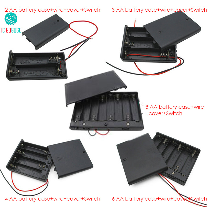 2pcs 2/3/4/6/8*AA Battery Case + Wire + Cover + Switch Storage Battery Holder Box Socket Plastic 2/3/4/6/8 Section