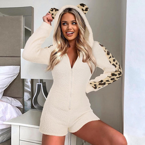 Women's Cute Fleece Cartoon Bear Leopard Zip Up Hooded Romper Fuzzy Warm Long Sleeve Short Jumpsuit for Daily Wear Fall Winter