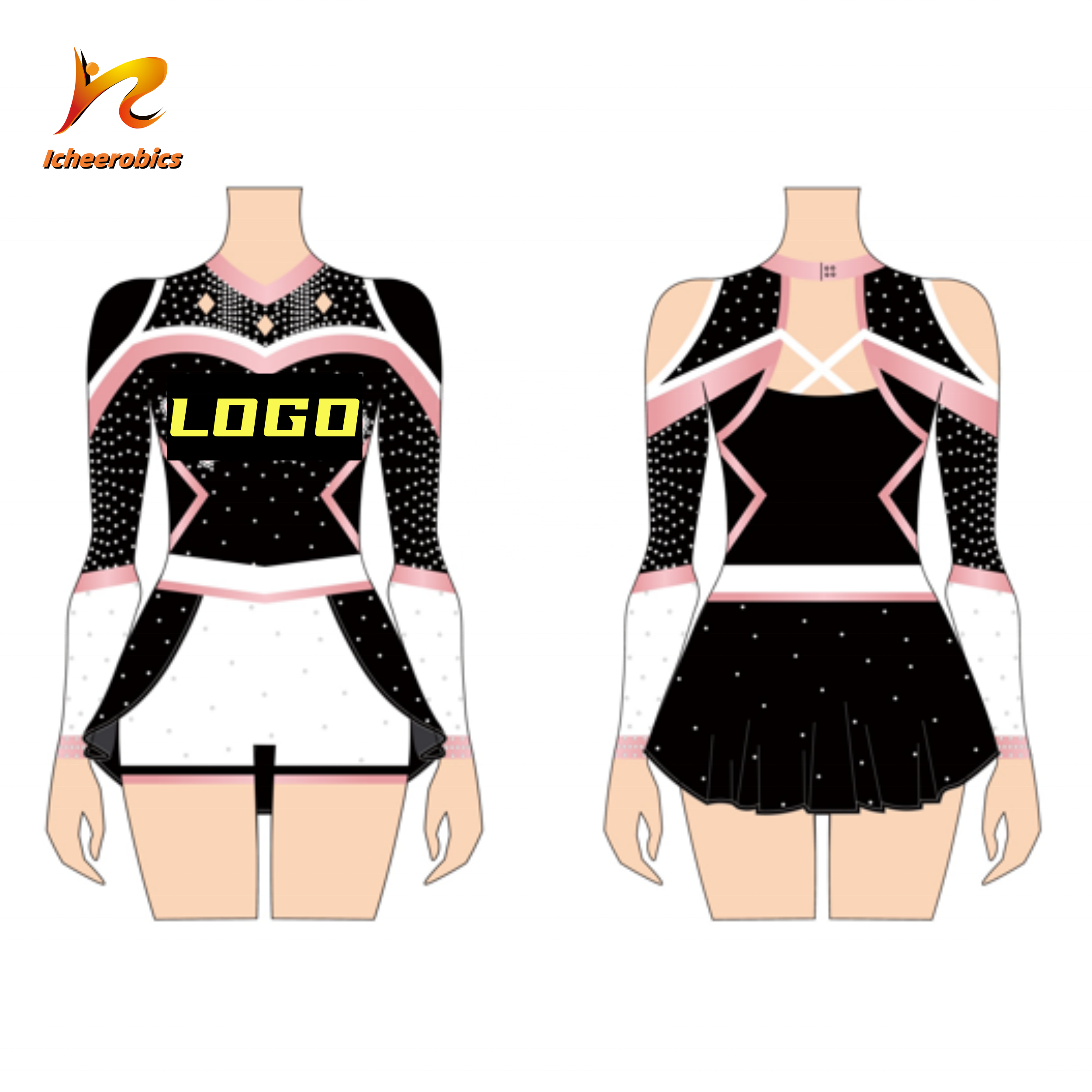 Icheer Free Sample Wholesale Black And Yellow Cheerleading Uniforms High School Cheer Uniforms With Rhinestones