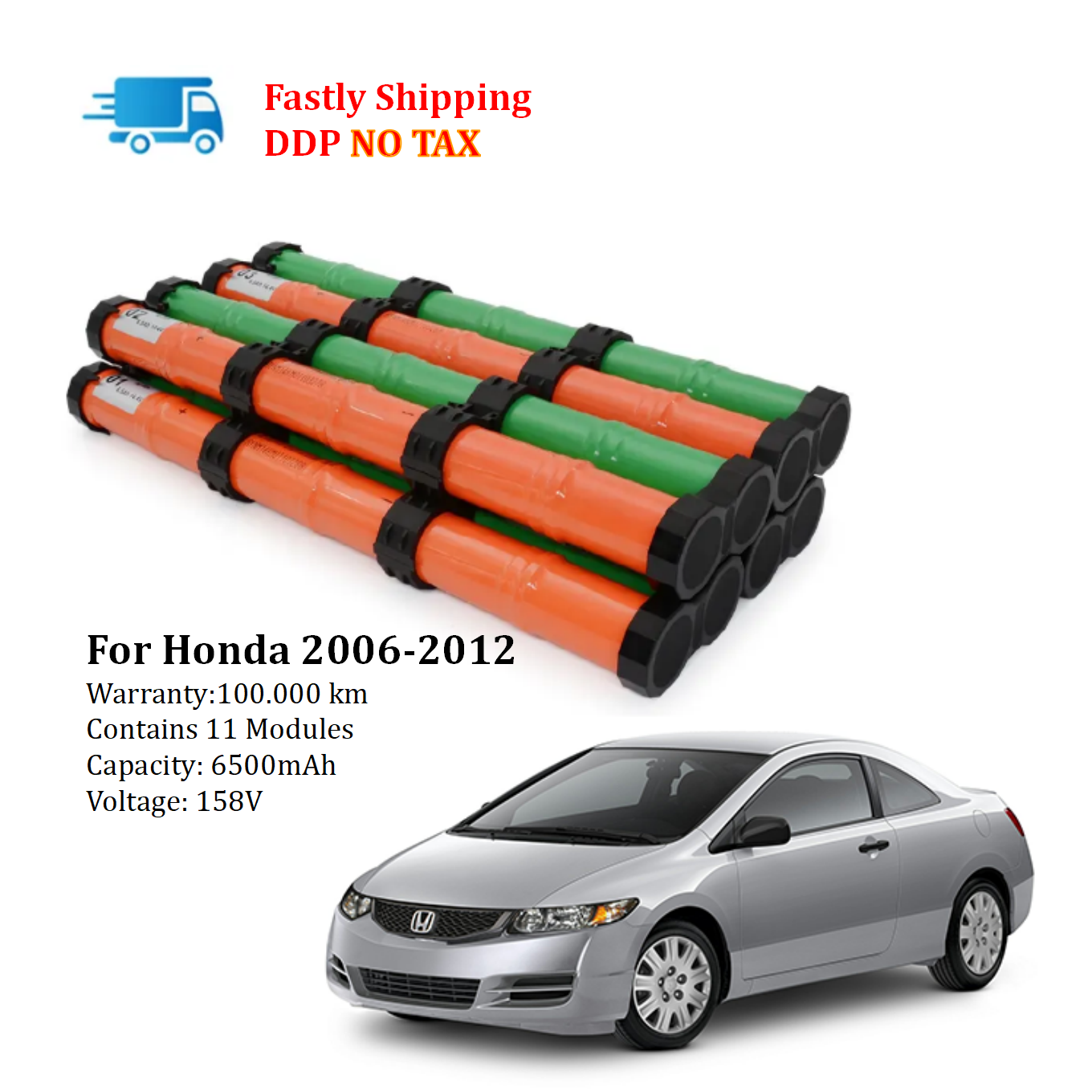 New Brand Ni-Mh 158V 6.5Ah Replacement Hybrid Car Battery for Honda Civic Ima 2006 2007 2008 2009 2010 2011