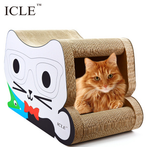 icle-3D Glass Cat Head Face  Shaped Corrugated Paper Big Cardboard  Cat Scratcher Craft Lounge  Houses Box-IC-0035 White