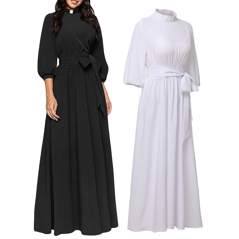 Women Clergy Dress Elegance Audrey Hepburn Style Roman Tab Collar Pastor Cleric Preacher Minister Clerical Priest Costume