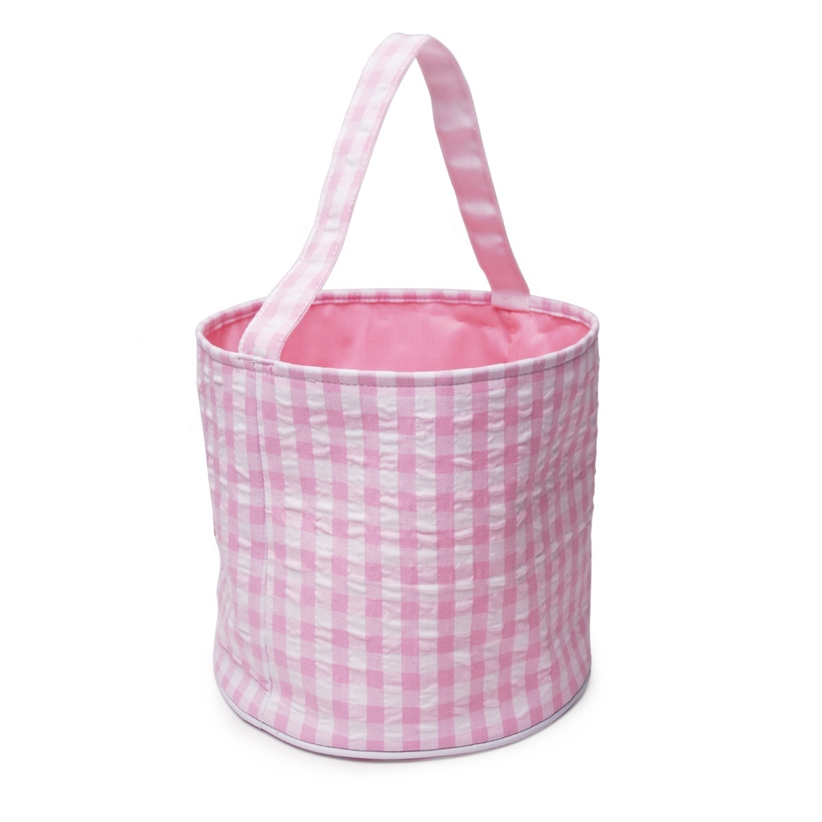 2023 wholesale Seersucker Monogrammed Custom Plaid Print Kids Bunny Easter Candy Gift Baskets Storage buckets