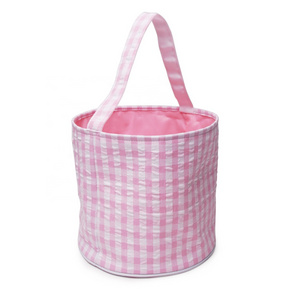 2023 wholesale Seersucker Monogrammed Custom Plaid Print Kids Bunny Easter Candy Gift Baskets Storage buckets