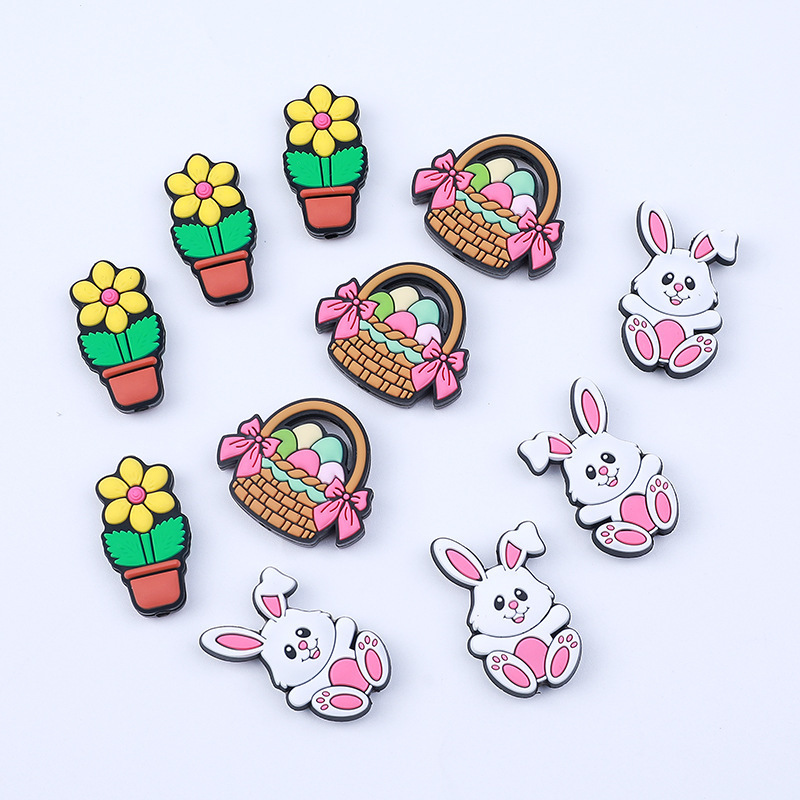 Wholesale manufacturer BPA free food grade rabbit egg flower pot charms easter silicone focal beads for pens