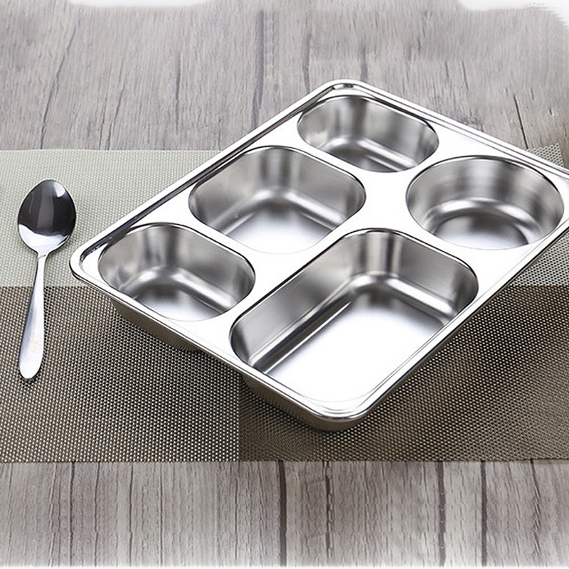 School Mess Stainless Steel Dinner Plate Buffet Tray  Lunch Box, High Quality 5 Compartment Dinner Plate