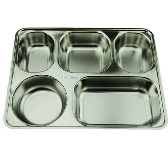 School Mess Stainless Steel Dinner Plate Buffet Tray  Lunch Box, High Quality 5 Compartment Dinner Plate