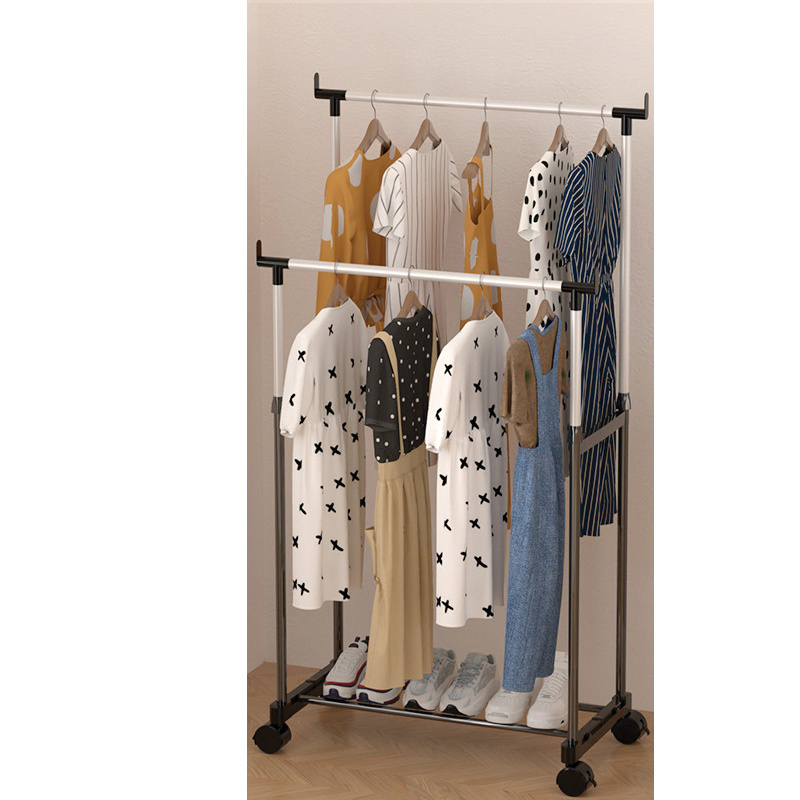 New Simple Floor Laundry Dryer Hanging Heavy Duty Wardrobe Pipe Double Pole Portable Stainless Steel Clothes Rack