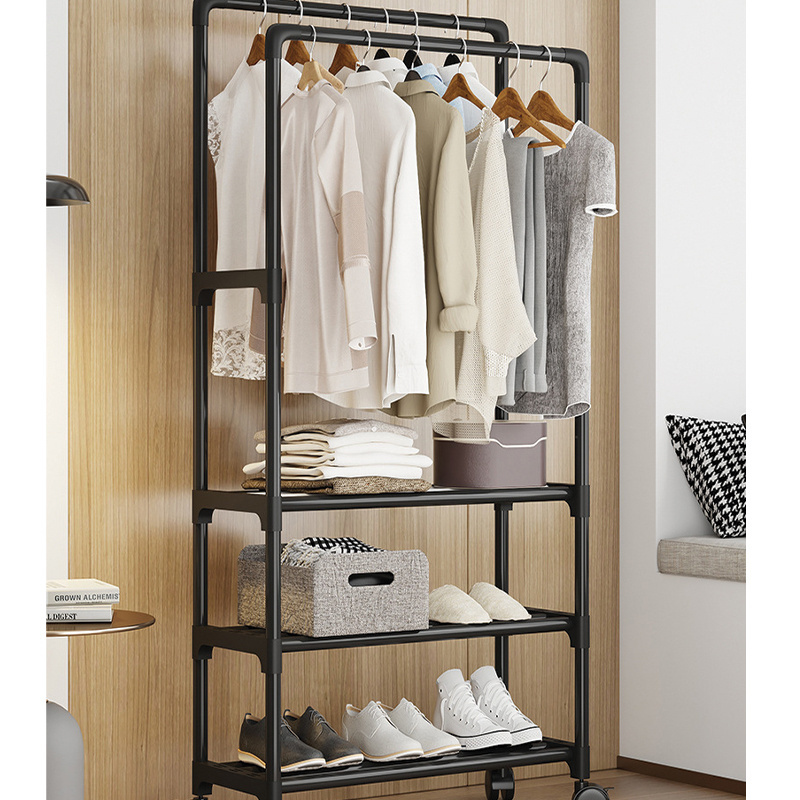 New Design Double Steel Pipe Japanese New Sample Floor Hotel Indoor Metal No Drill Hanging Clothes Rack