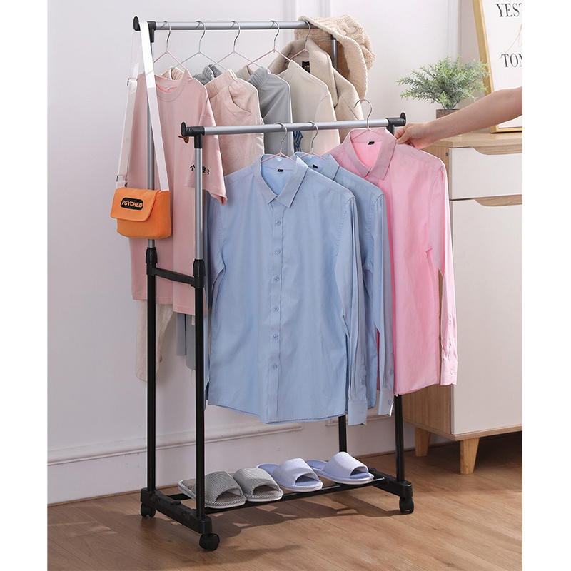 New Simple Floor Laundry Dryer Hanging Heavy Duty Wardrobe Pipe Double Pole Portable Stainless Steel Clothes Rack