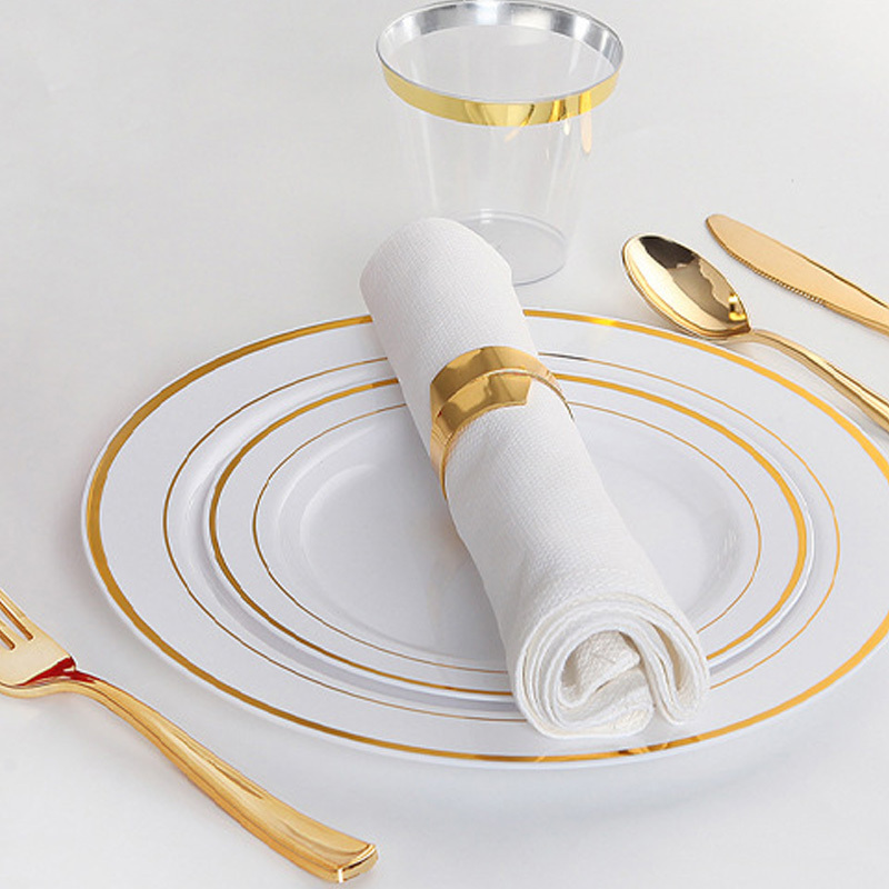 Disposable Rose Gold Dinnerware Set, Gold Rim Plastic Plates for Wedding Party