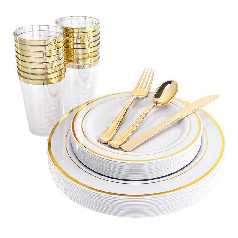 Disposable Rose Gold Dinnerware Set, Gold Rim Plastic Plates for Wedding Party