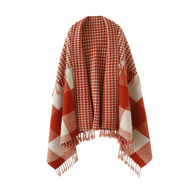 Wholesale Price Classic Reversible Houndstooth Plaid Winter Oversized Woven Acrylic Wool Blend Women Shawl Poncho