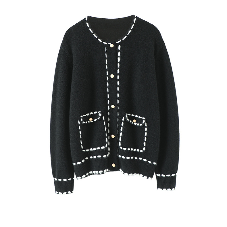 Chic Women Knitted Custom Varsity Outerwear Jacket  Korean Style Computer Knitted Casual Long Sleeve Black Cardigan