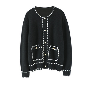 Chic Women Knitted Custom Varsity Outerwear Jacket  Korean Style Computer Knitted Casual Long Sleeve Black Cardigan