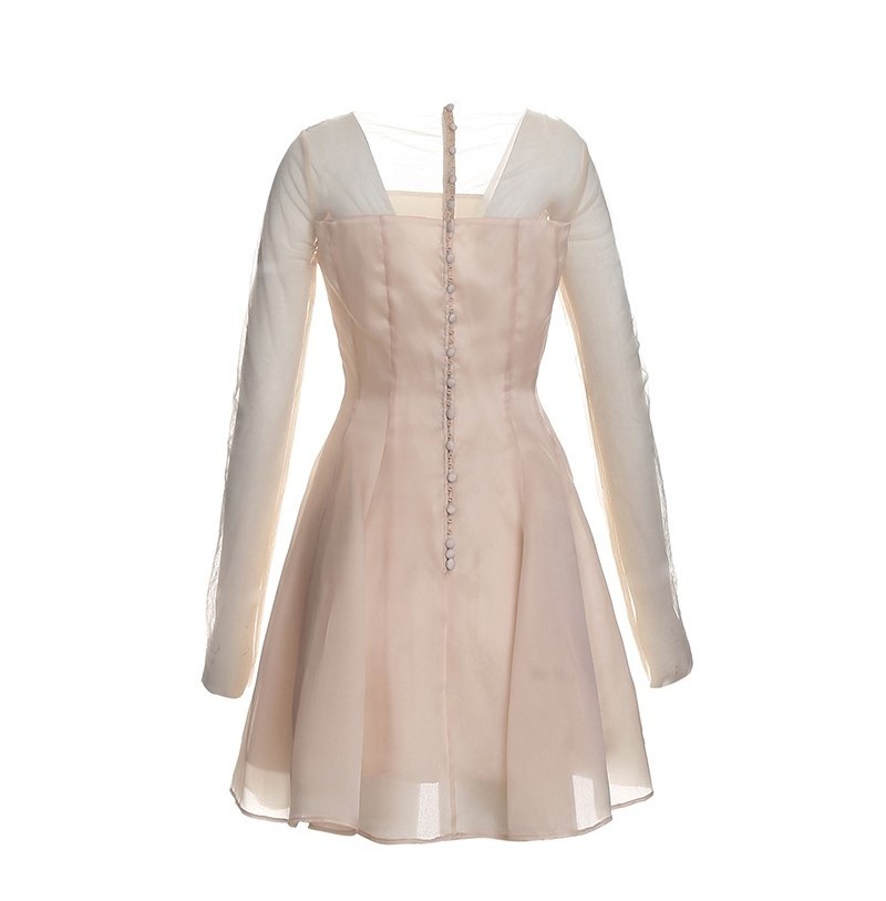 Spring Women A-Line Square Collar Dresses Long Sleeve Silk Knee-Length Boat Neck Princess Dress