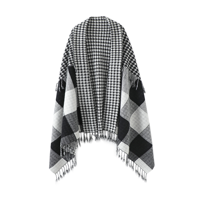 Wholesale Price Classic Reversible Houndstooth Plaid Winter Oversized Woven Acrylic Wool Blend Women Shawl Poncho