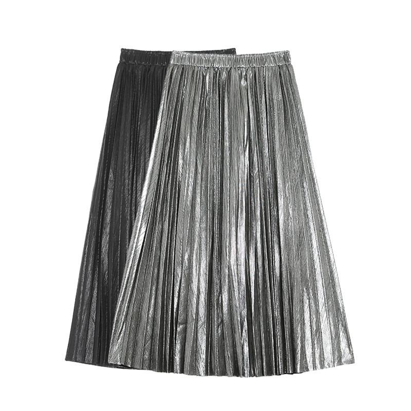 Foreign Trade New Style Pleated Solid Color Bright Face Big Swing A-line Pleated Skirt Medium Length Skirt