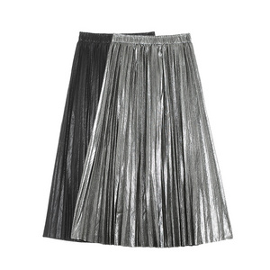 Foreign Trade New Style Pleated Solid Color Bright Face Big Swing A-line Pleated Skirt Medium Length Skirt