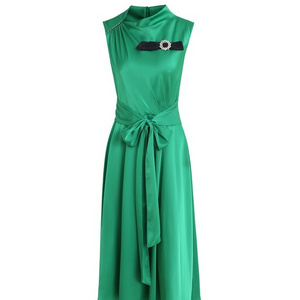 Summer Slim-fit Party Women Temperament Ladies High Waist Sleeveless Belted Solid Color Cocktail Dress