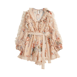 Ruffles Lace Printed Short Style Sashes Dress For Women Clothing Long Sleeve Floral Pastoral Jumpsuits