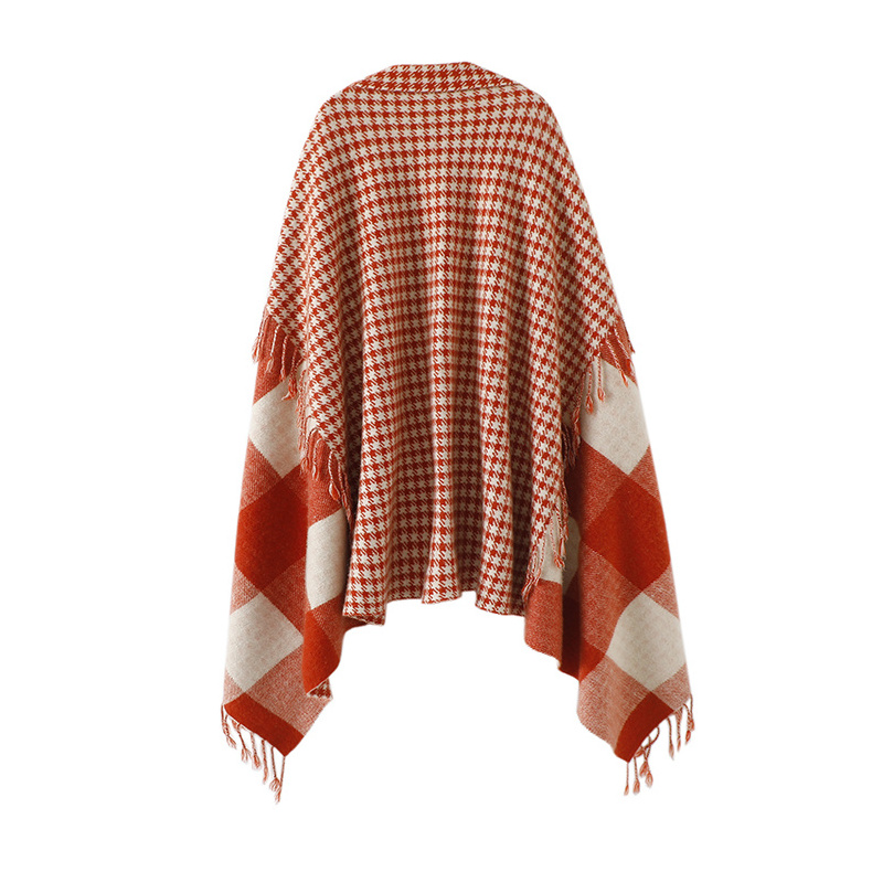 Wholesale Price Classic Reversible Houndstooth Plaid Winter Oversized Woven Acrylic Wool Blend Women Shawl Poncho