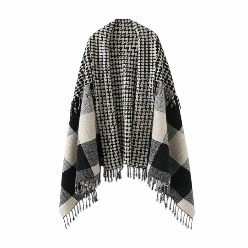 Wholesale Price Classic Reversible Houndstooth Plaid Winter Oversized Woven Acrylic Wool Blend Women Shawl Poncho