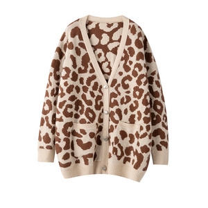 Winter Soft And Warm Animal Pattern Long Knitted Leopard Large Outwear Coats Oversize Long Sweater Casual Cardigan With Pockets