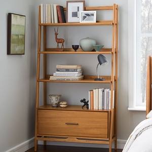 Wooden Bookshelves with Drawer Mid Century Style Living Room Modern Furniture Teak and Mahogany Material