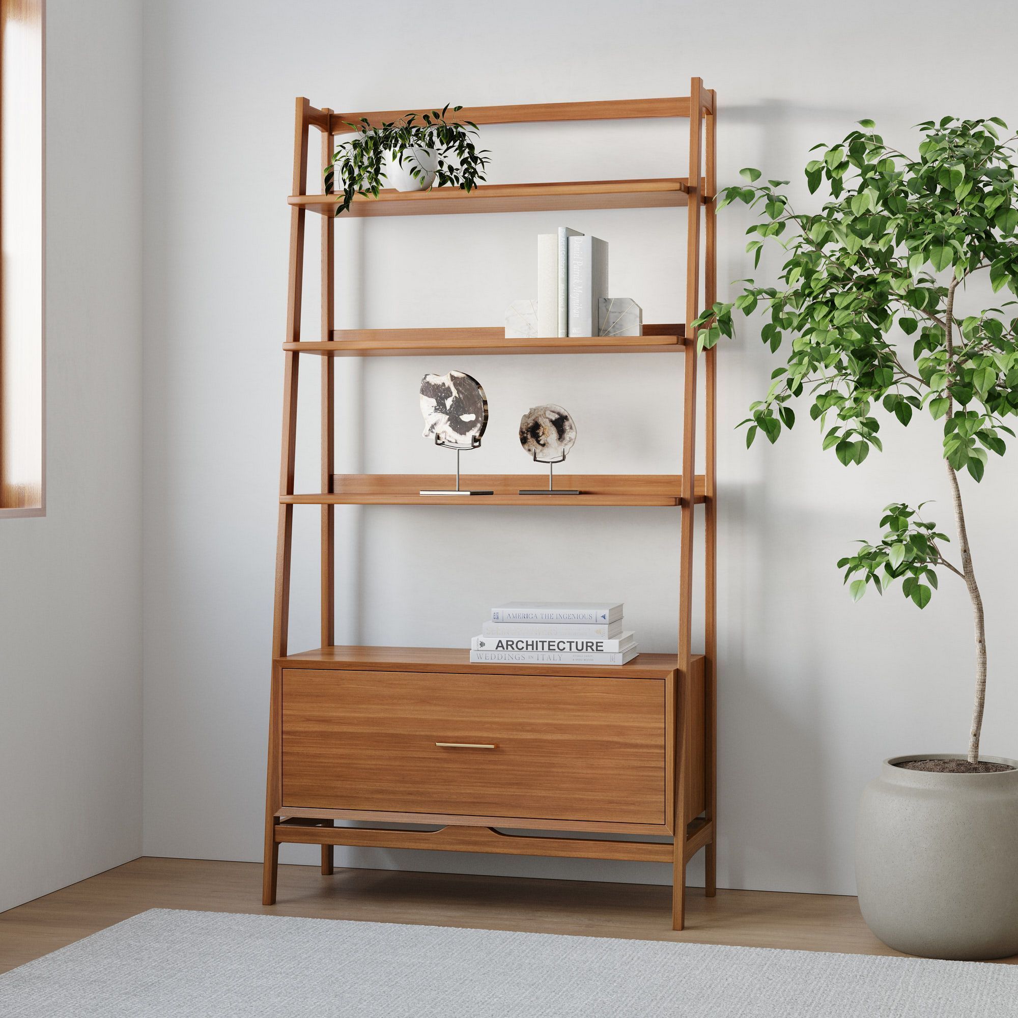 Wooden Bookshelves with Drawer Mid Century Style Living Room Modern Furniture Teak and Mahogany Material