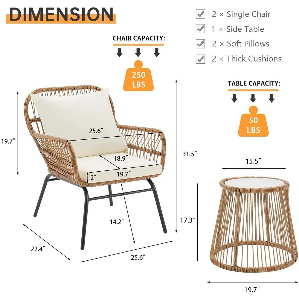 Wicker Conversation Chair Two Seats with Glass Top Table Outdoor Rattan Chair with Thick Cushion Garden Lounge Chair