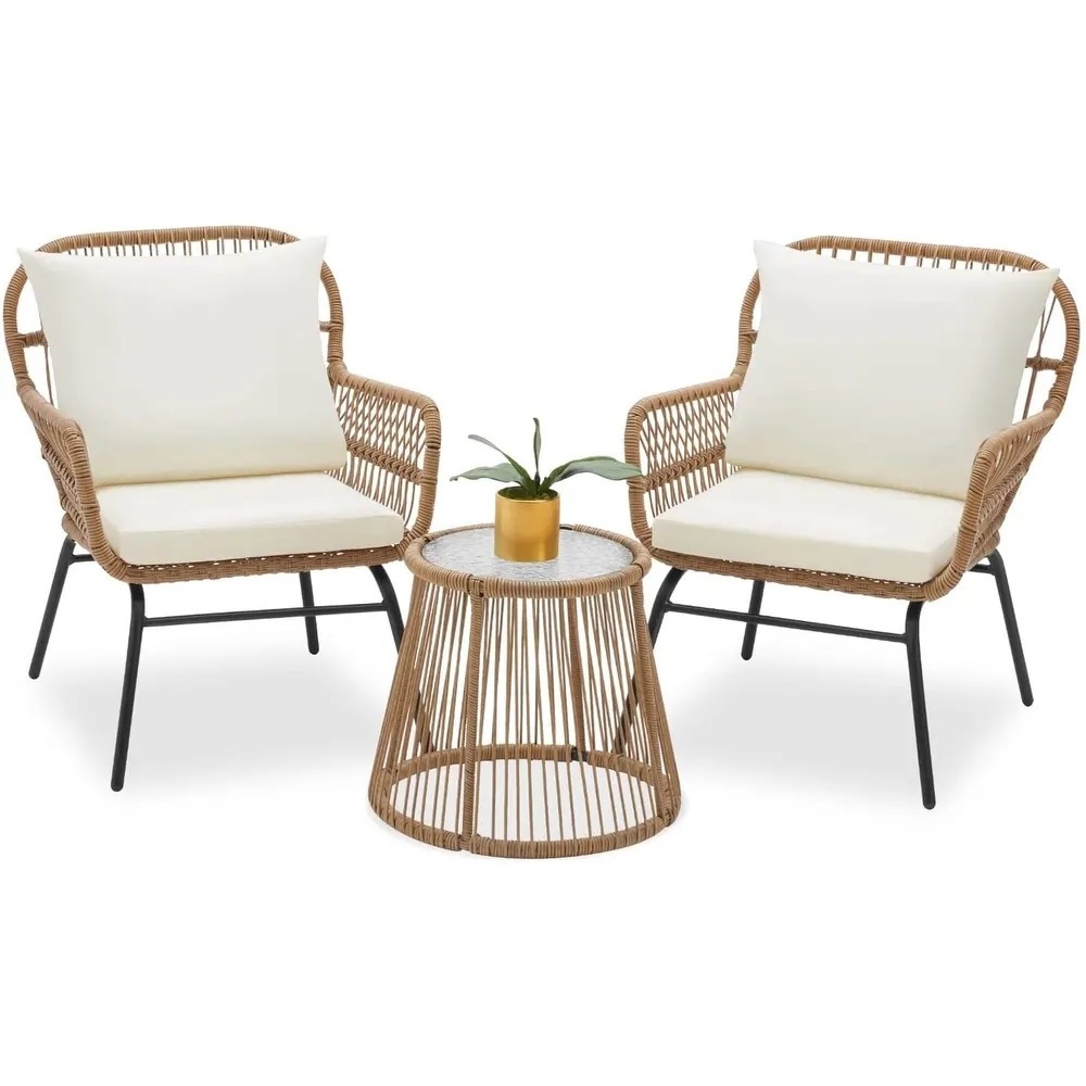 Wicker Conversation Chair Two Seats with Glass Top Table Outdoor Rattan Chair with Thick Cushion Garden Lounge Chair