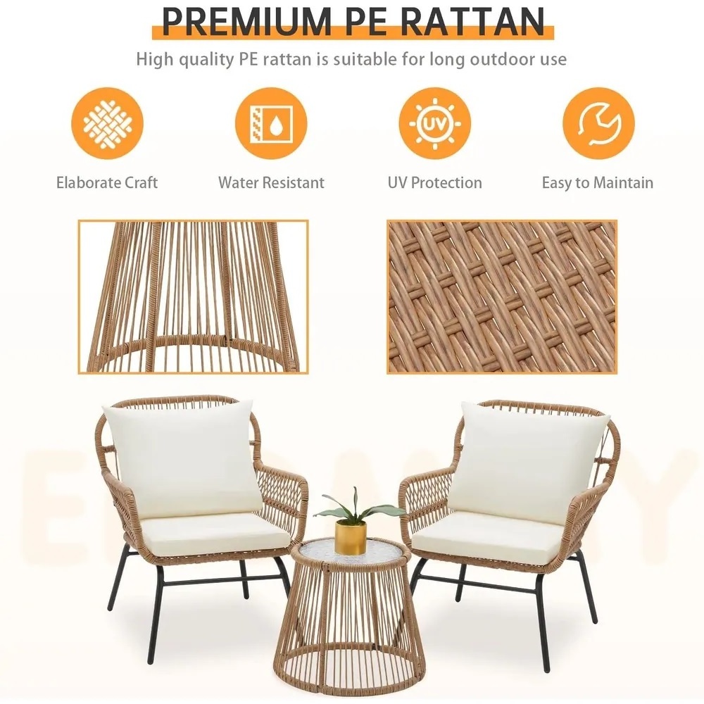 Wicker Conversation Chair Two Seats with Glass Top Table Outdoor Rattan Chair with Thick Cushion Garden Lounge Chair