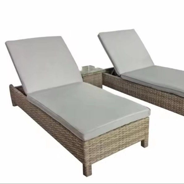 Sarena Pair Of Rattan Sun Loungers With Table In Natural With Beige Cushions