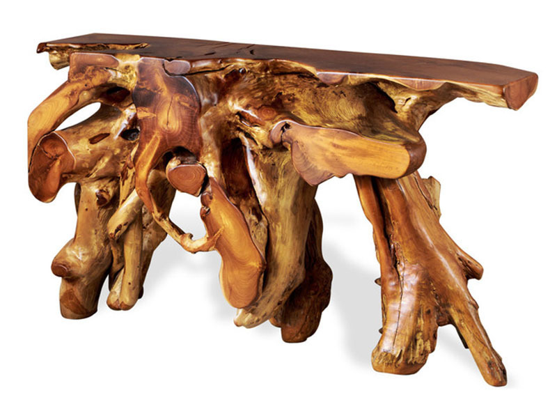 Teak Root Console Table with Glass Top Living Room Furniture