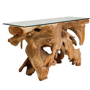 Teak Root Console Table with Glass Top Living Room Furniture