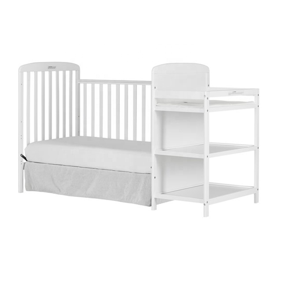 3-in-1 Kid Bed Full Size Crib and Changing Table in White Finish Solid Teak Wood