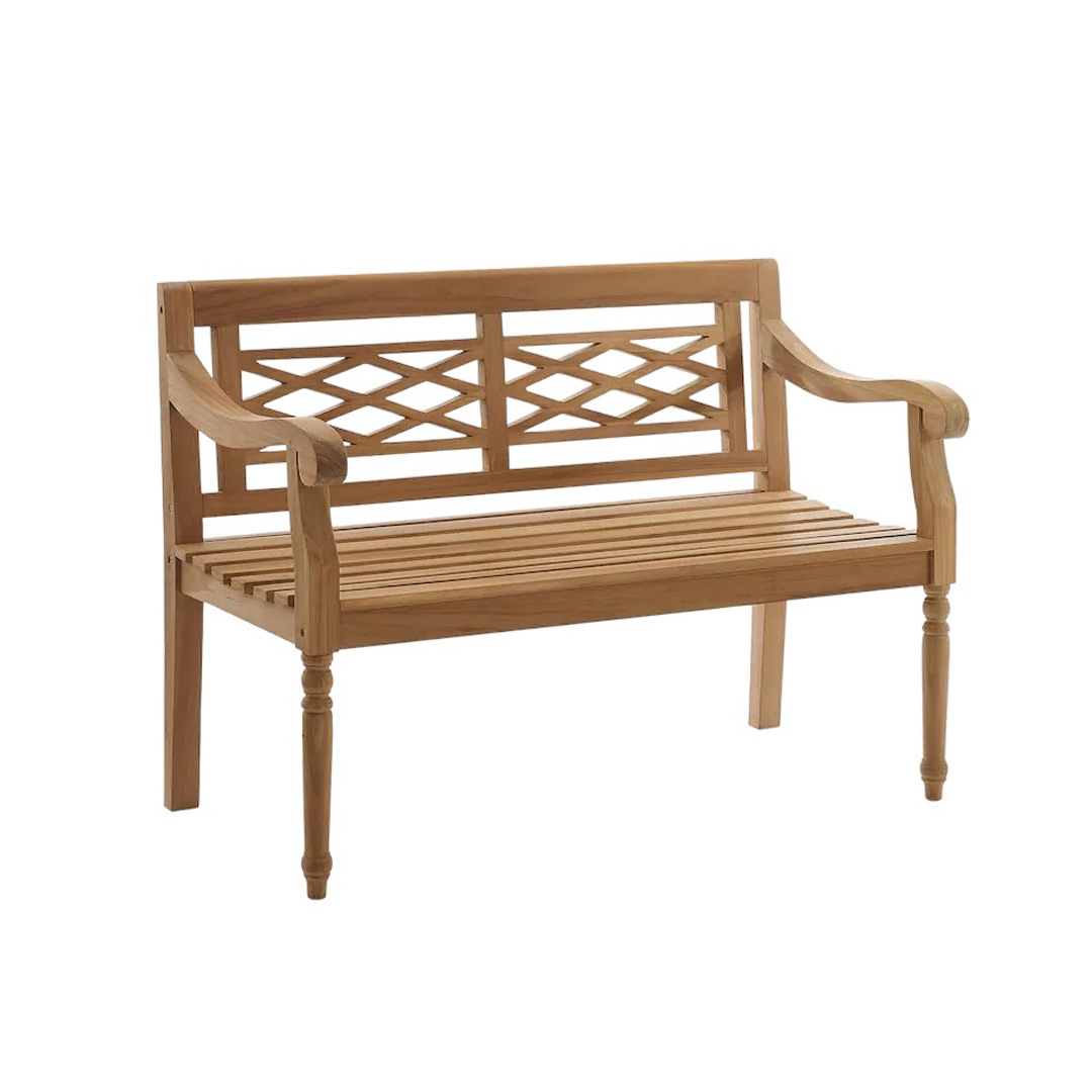 Modern Classic Outdoor Teak Garden Bench Slatted Seat And CrissCross Back Design With Carving Turned Legs