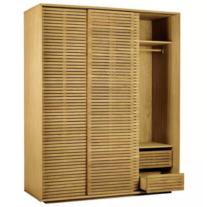 Solid Teak Wood Wardrobe Sliding 3 Door Natural Finish Sakai