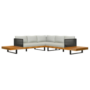 Outdoor Corner Sectional Sofa Teak Solid Wood Frame With Upholstered Seat And Back Cushion And Black Powder Coated Metal Legs